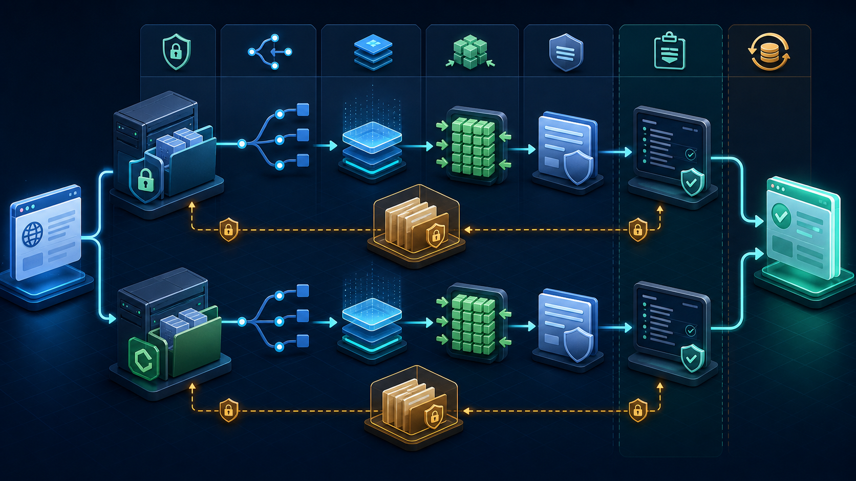 Two parallel web server configuration paths apply file protection, routing, caching, compression, response security, verification, and protected rollback