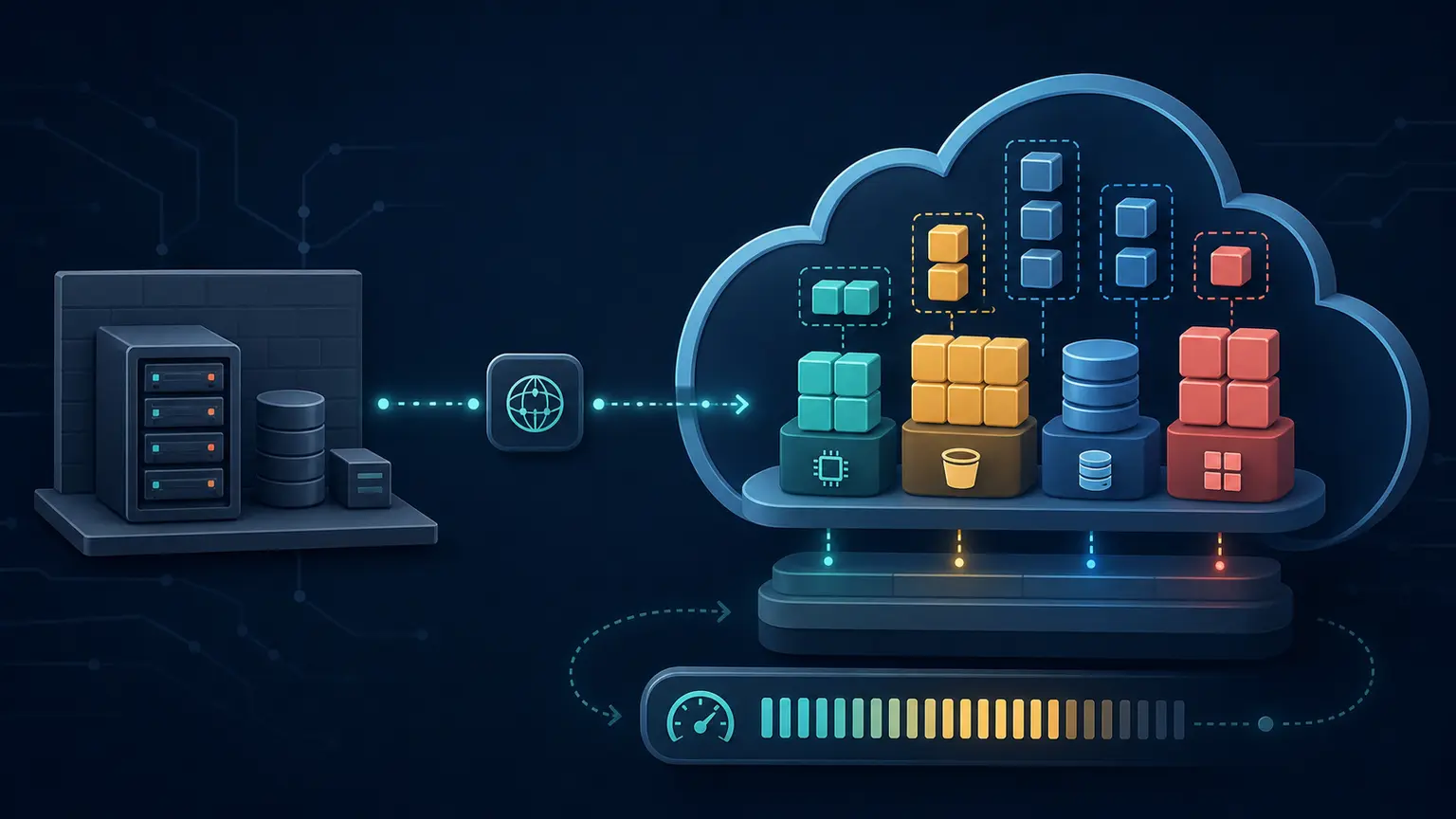 A fixed server environment connects to an elastic pool of cloud compute, storage, database, and measured resources
