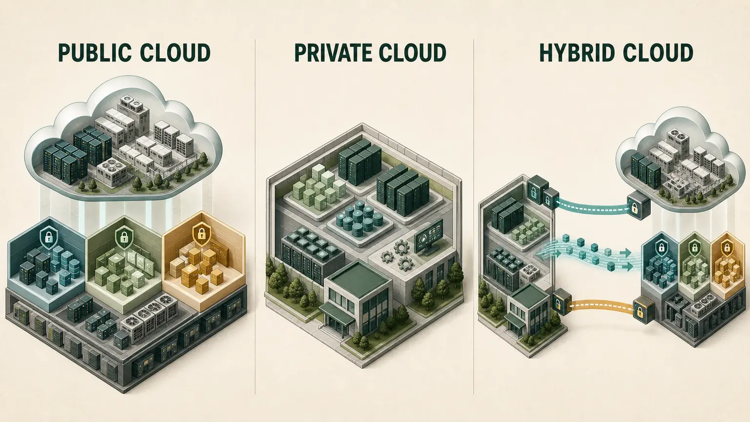 Public cloud shows isolated tenants on provider infrastructure, private cloud shows one dedicated organization, and hybrid cloud connects distinct environments
