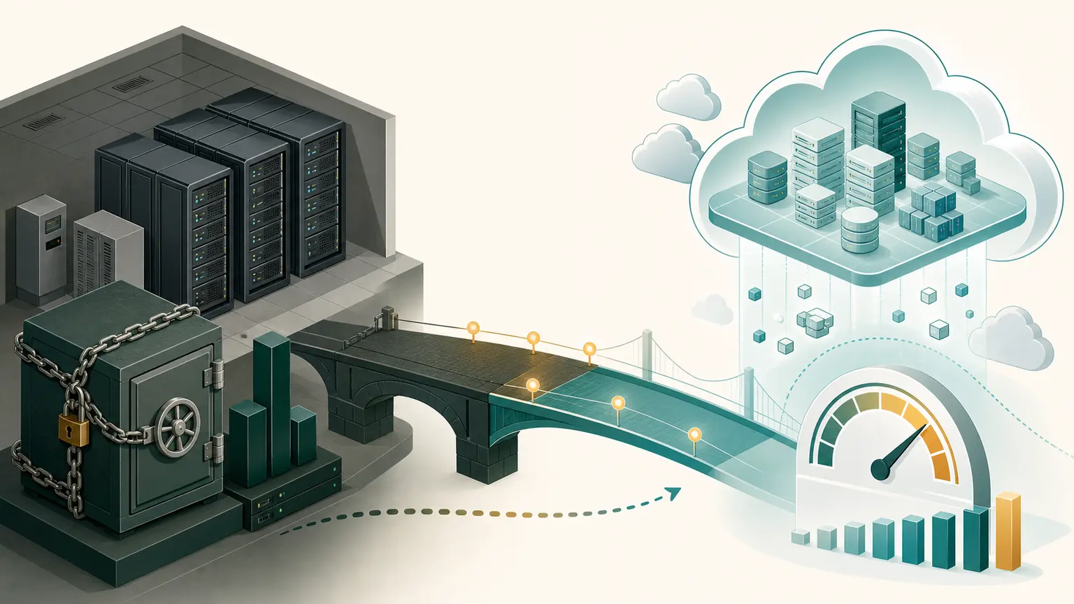 Owned server capacity and locked capital connect to an elastic cloud resource pool with a usage meter