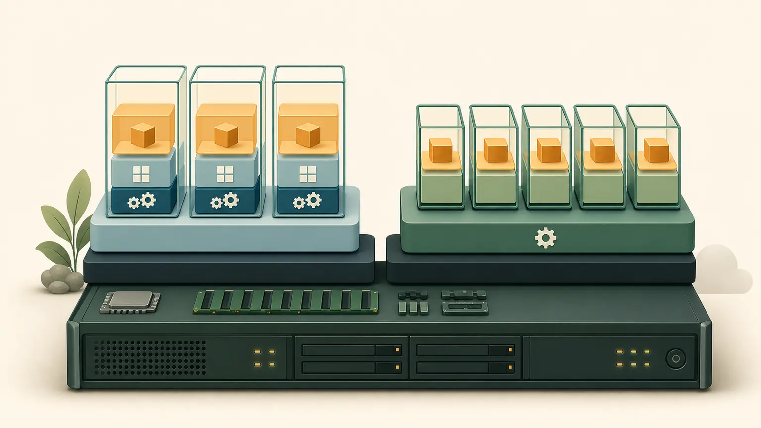 One server supports virtual machines with separate operating systems and containers sharing a host operating system