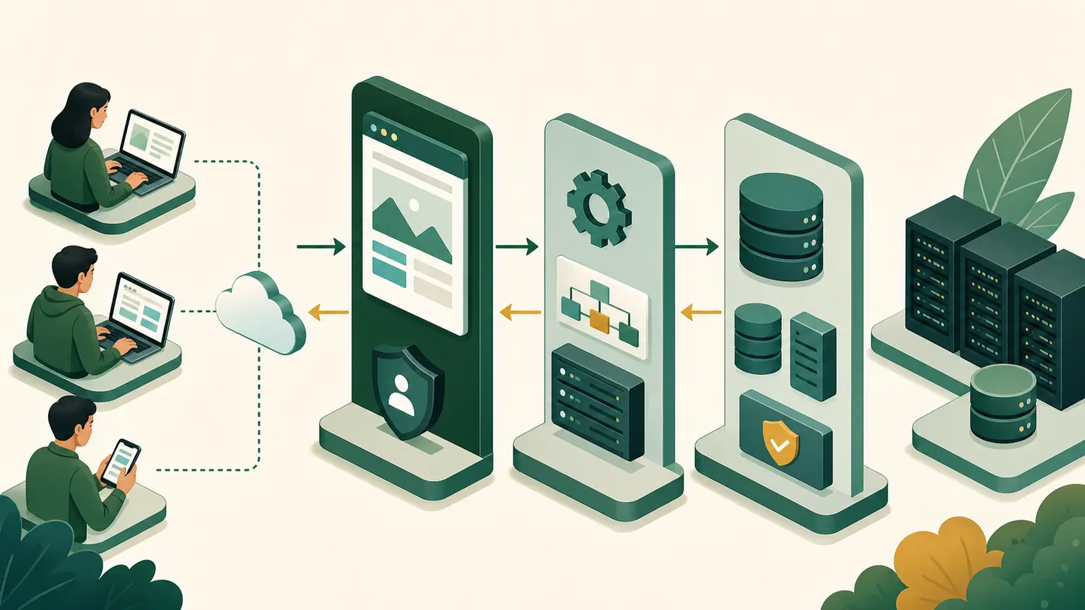 Clients send requests through presentation and application tiers to a protected data tier