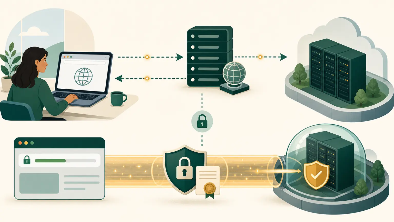 A browser resolves a domain and enters an encrypted TLS path to a protected web service