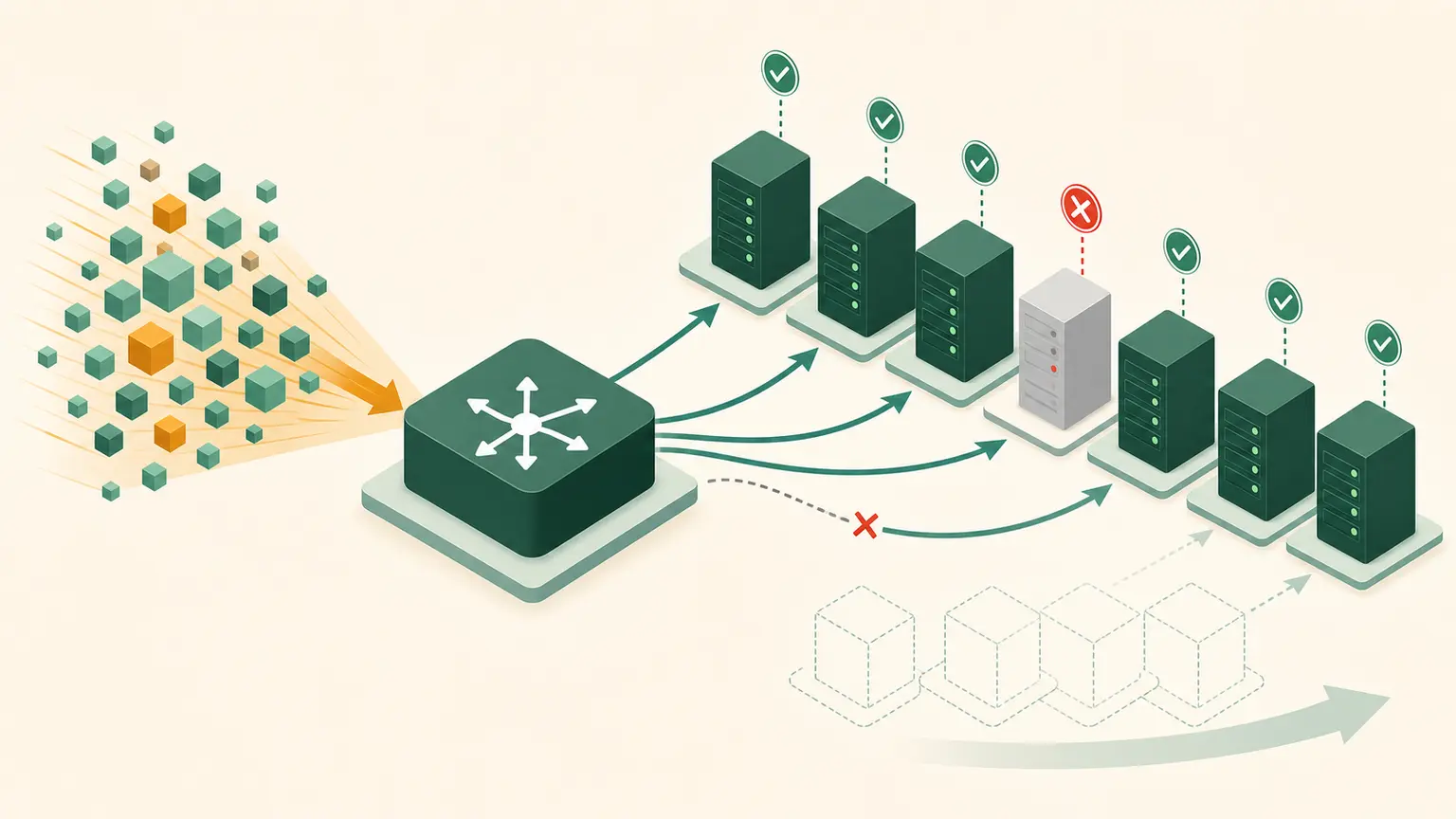 A load balancer sends requests to healthy servers while bypassing one failed server and adding capacity