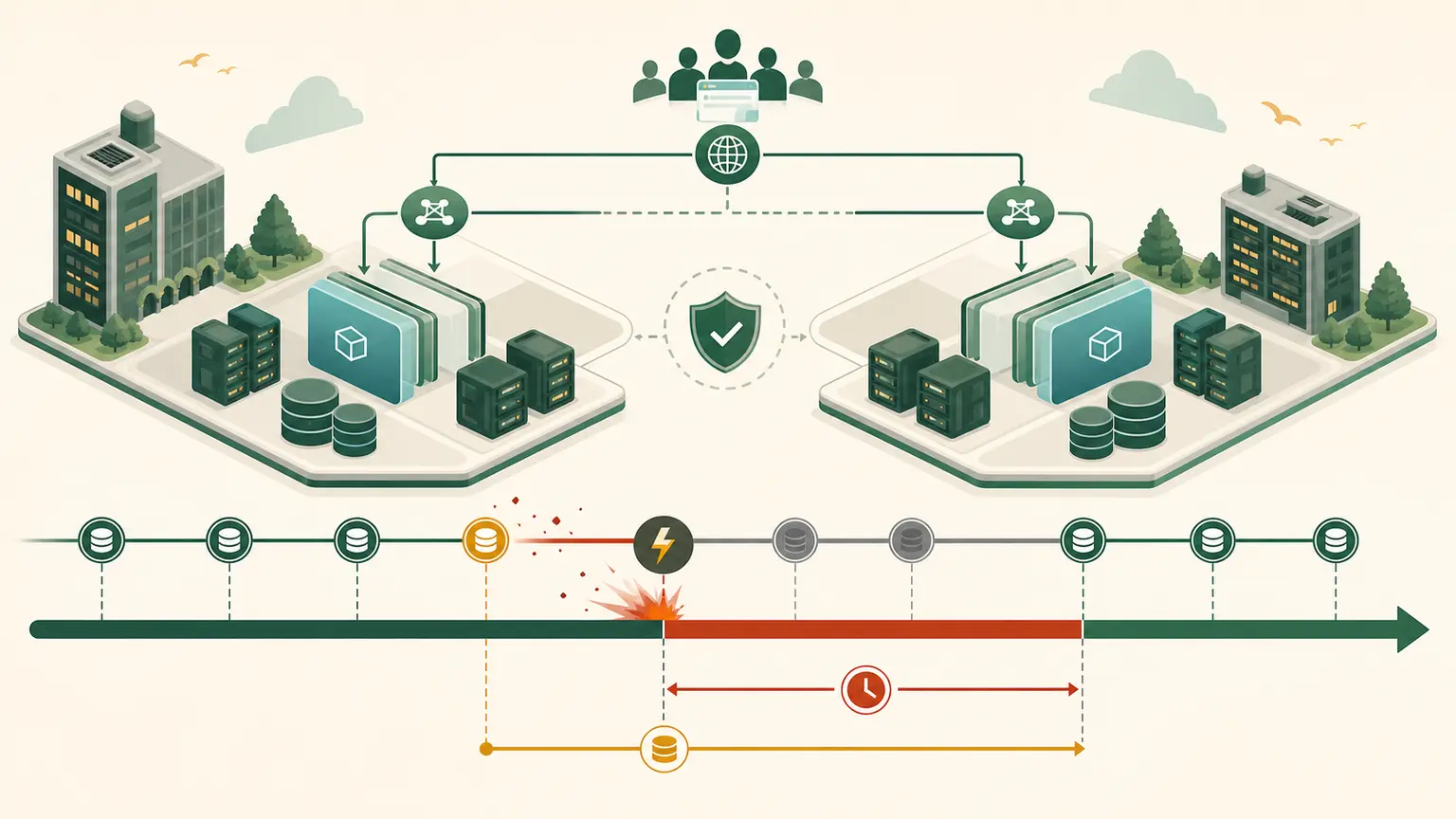 A service spans resilient locations with recovery checkpoints and timelines representing RTO and RPO
