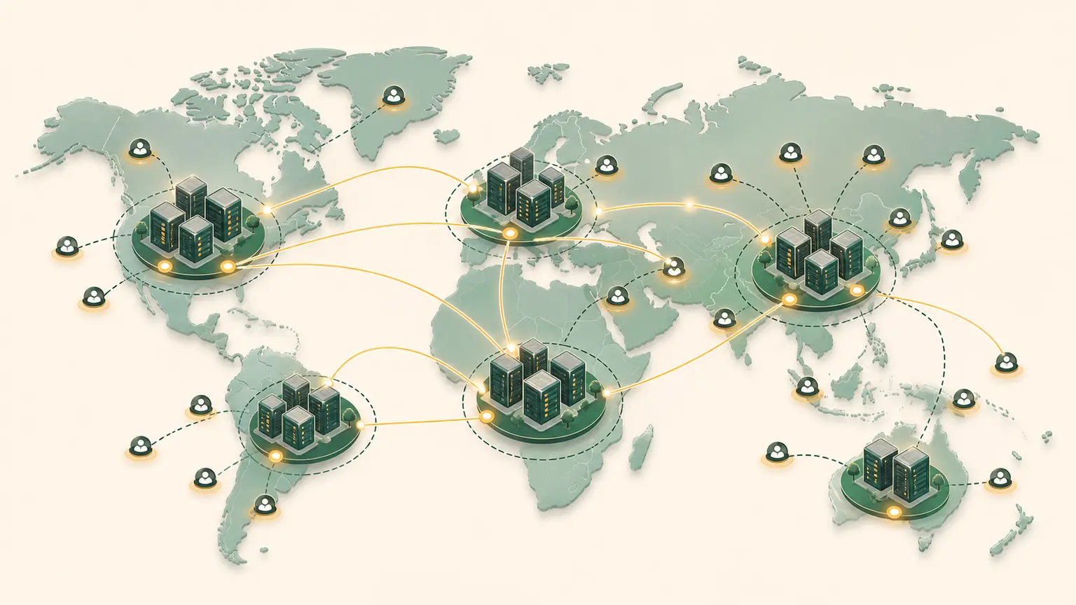 A world map shows separate regional cloud hubs and edge points connected by a global network