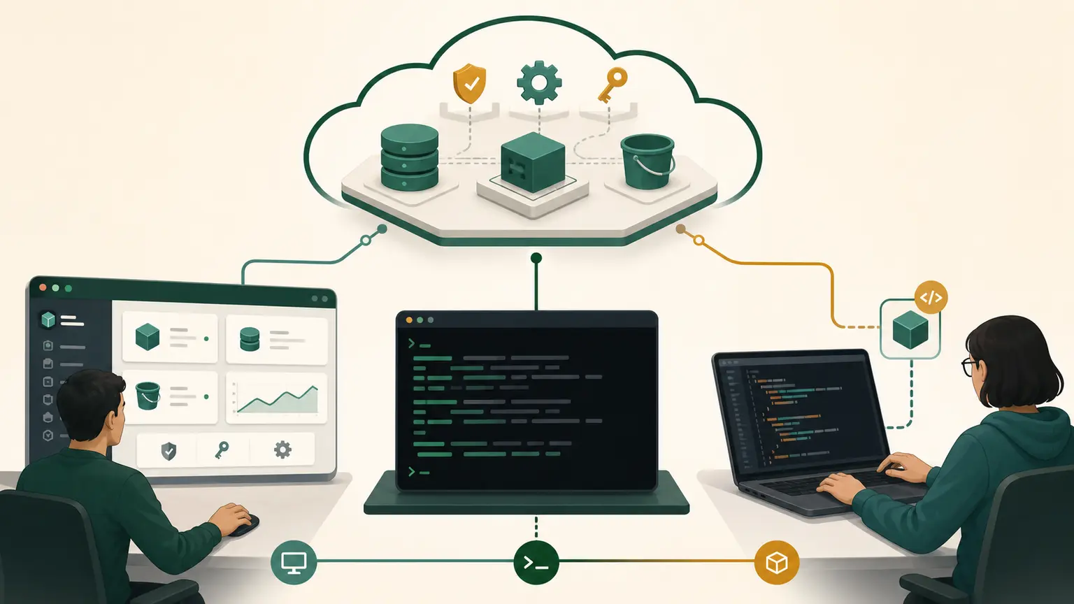 A graphical console, terminal, and application code all manage the same cloud control plane