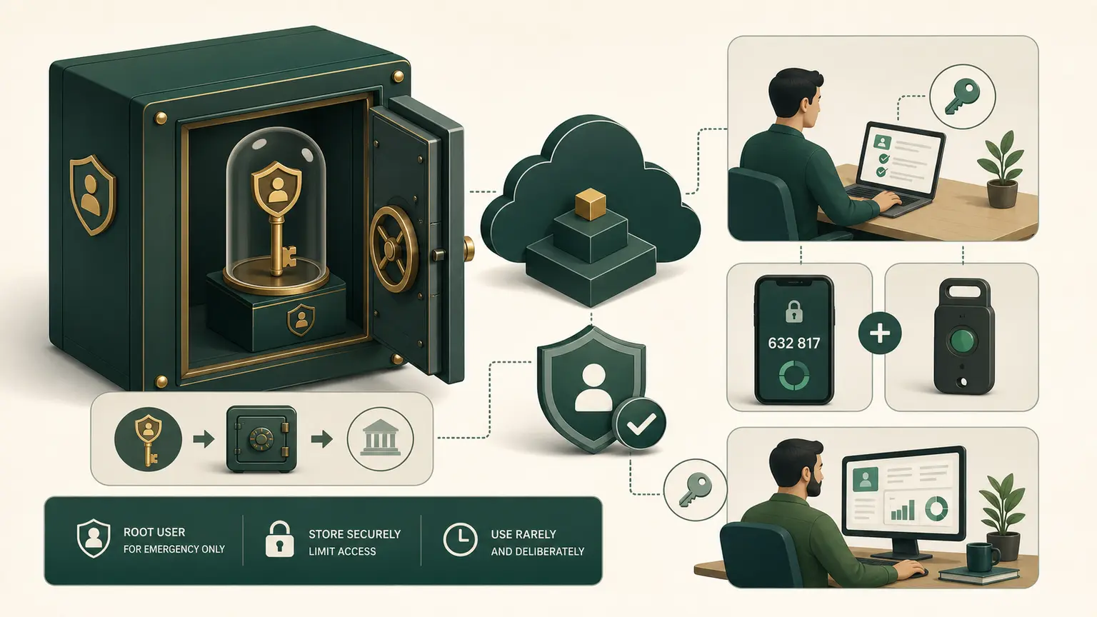 A protected account vault keeps the root key sealed while administrators use delegated access and MFA