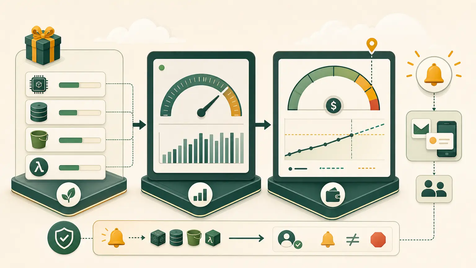 Trial resources feed usage and budget meters that trigger early cost alerts
