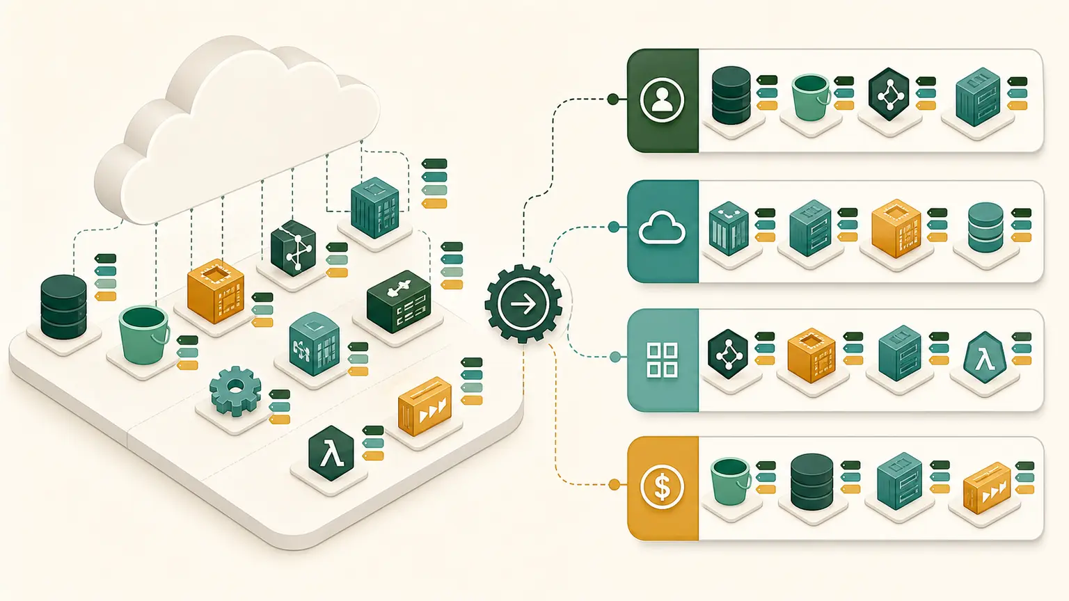 Cloud resources receive consistent metadata tags and are organized into useful resource groups