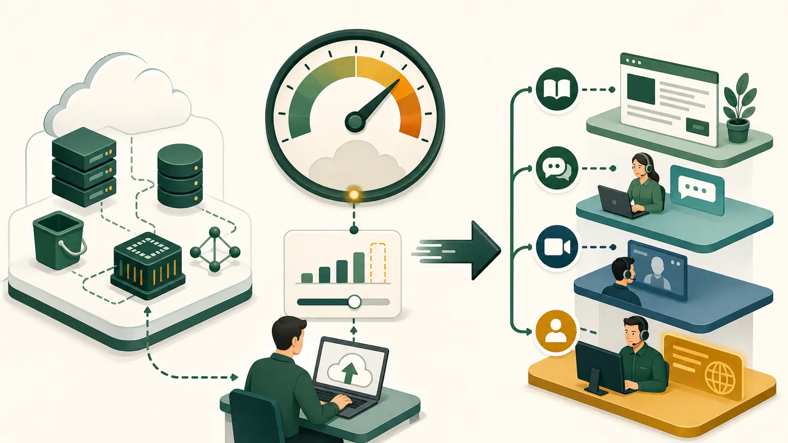 A quota gauge leads to an increase request and tiered technical support channels