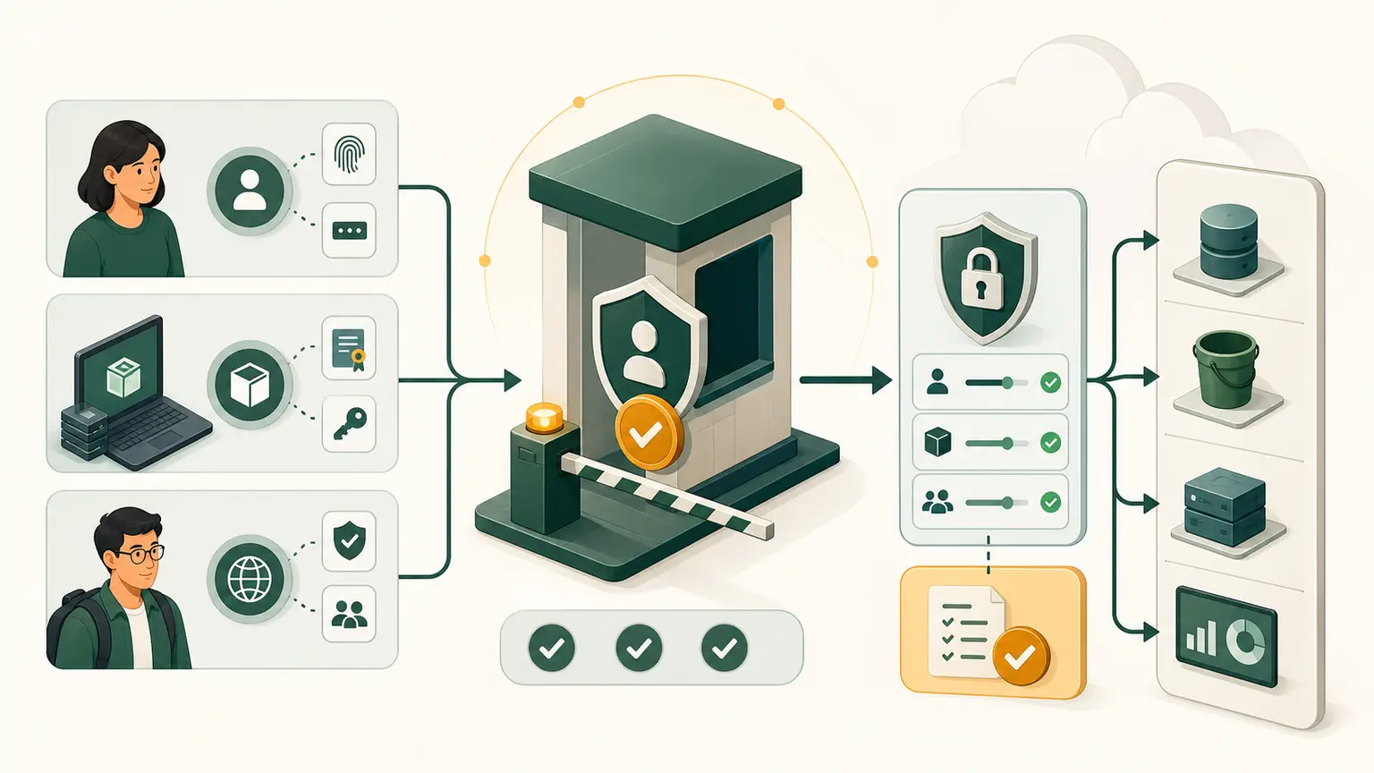 Human, workload, and federated identities pass authentication before authorization grants cloud access