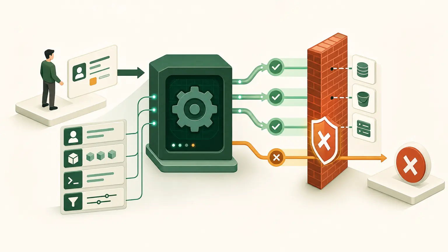 A policy decision engine checks request context and allows valid paths while an explicit deny blocks access