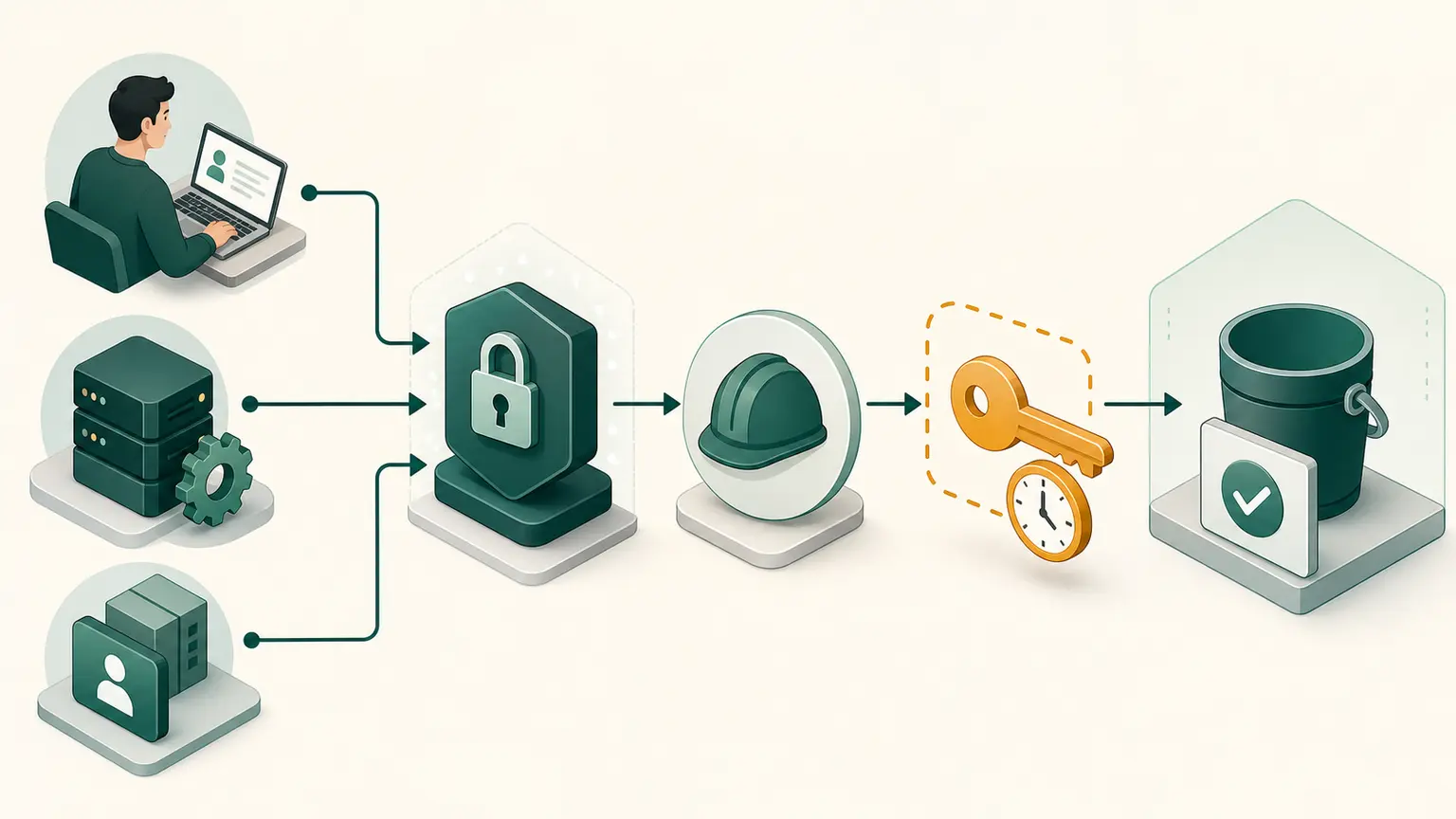 People and workloads assume a role and receive an expiring key before accessing an approved resource