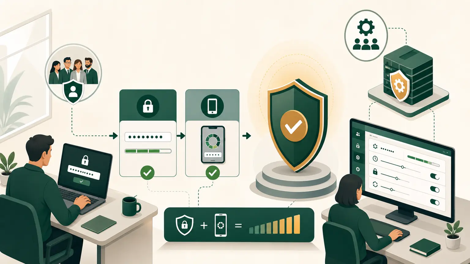 A password gate and second-factor device protect workforce access before a secure session begins