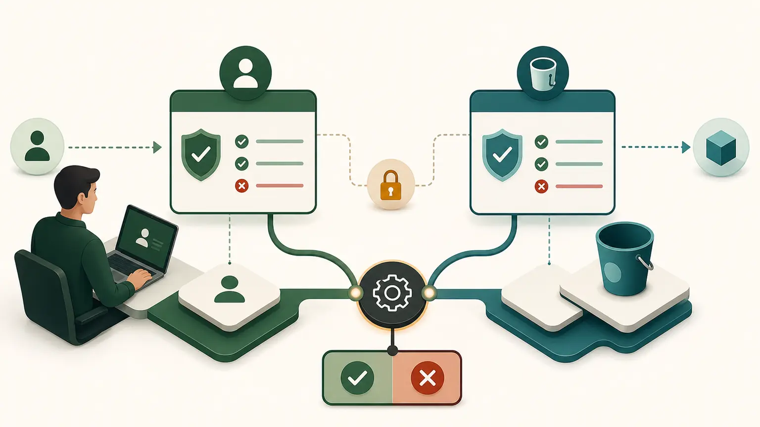 An access request is evaluated by a policy on the caller and a policy attached to the target resource