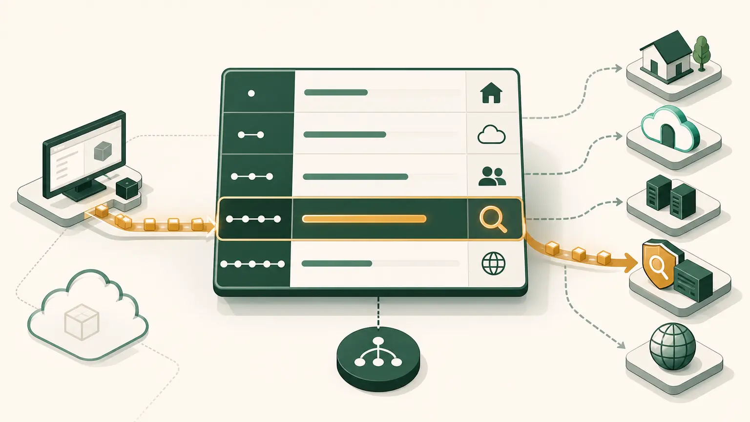 Network paths leave a VPC route table and branch toward local, internet, NAT, endpoint, and connected-network targets