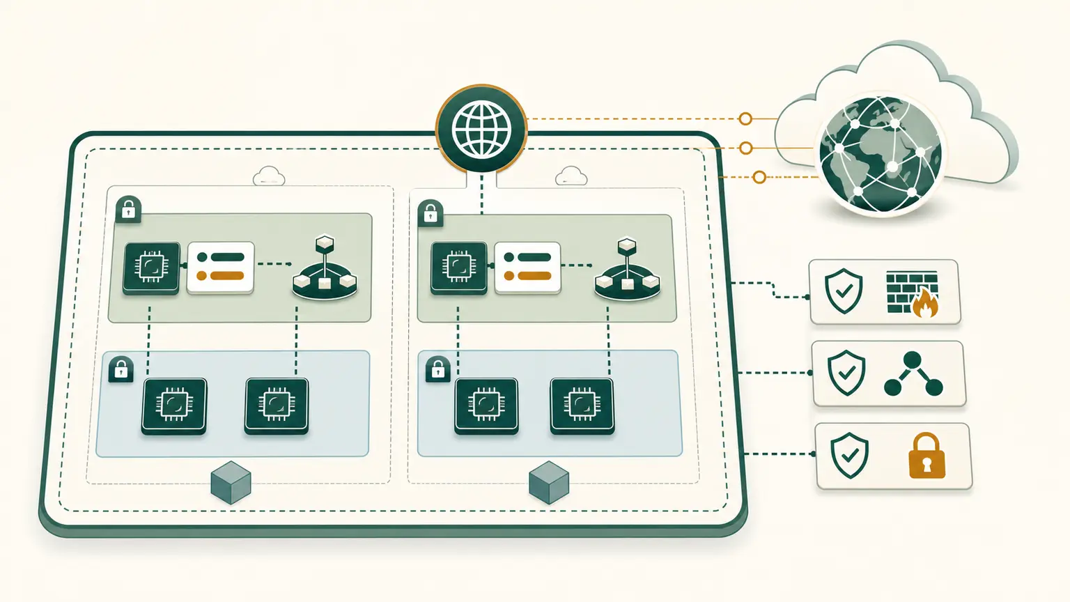 An internet gateway joins a two-zone VPC to the public internet while public addresses, routes, and security controls complete the path
