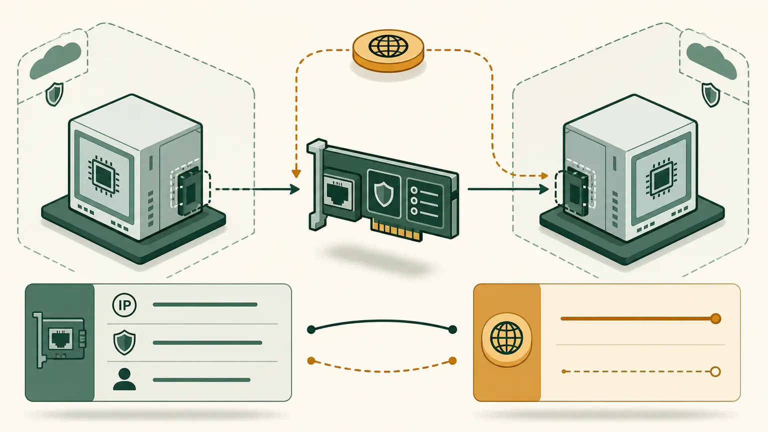 A movable secondary network interface carries private addresses and security groups while an Elastic IP maps a stable public endpoint