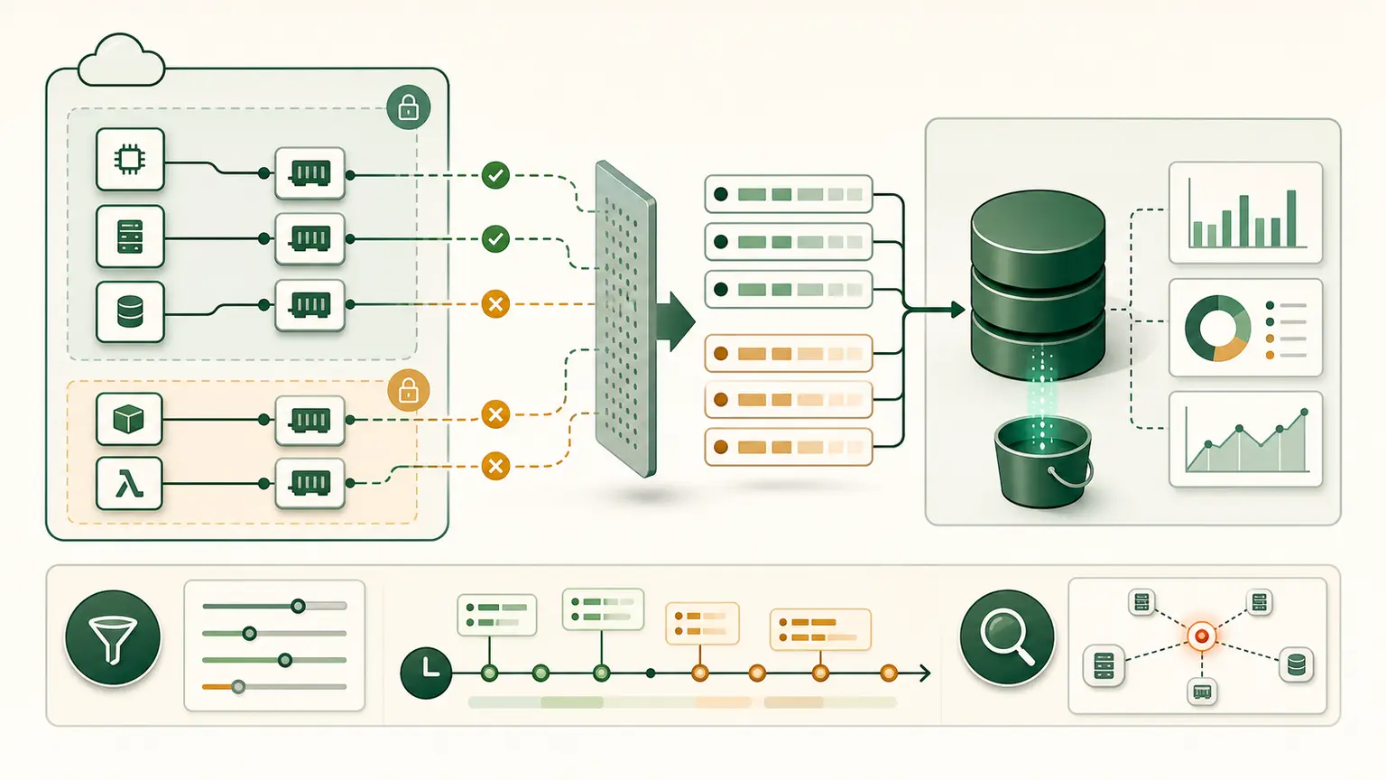 Network flows from several VPC interfaces become accepted and rejected metadata records for searchable investigation