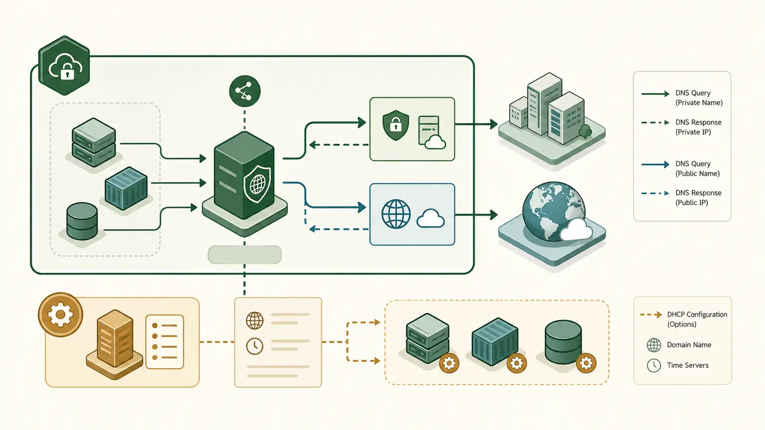 A VPC workload receives DHCP settings and sends a private DNS query through Route 53 Resolver to public, private, or hybrid zones