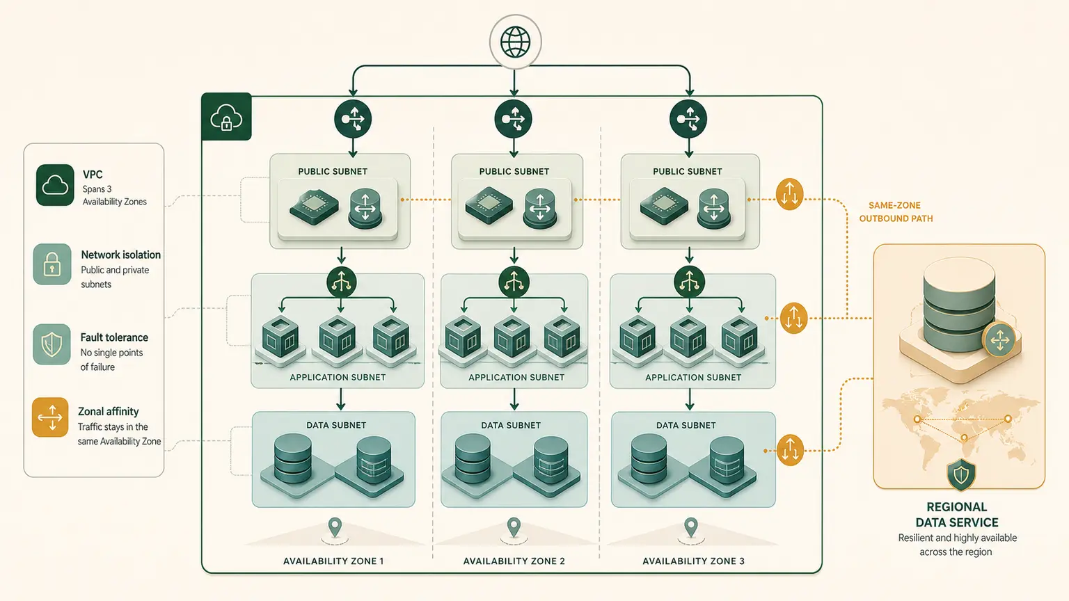 A regional VPC repeats public, private, and isolated subnet tiers with independent zonal egress across three Availability Zones