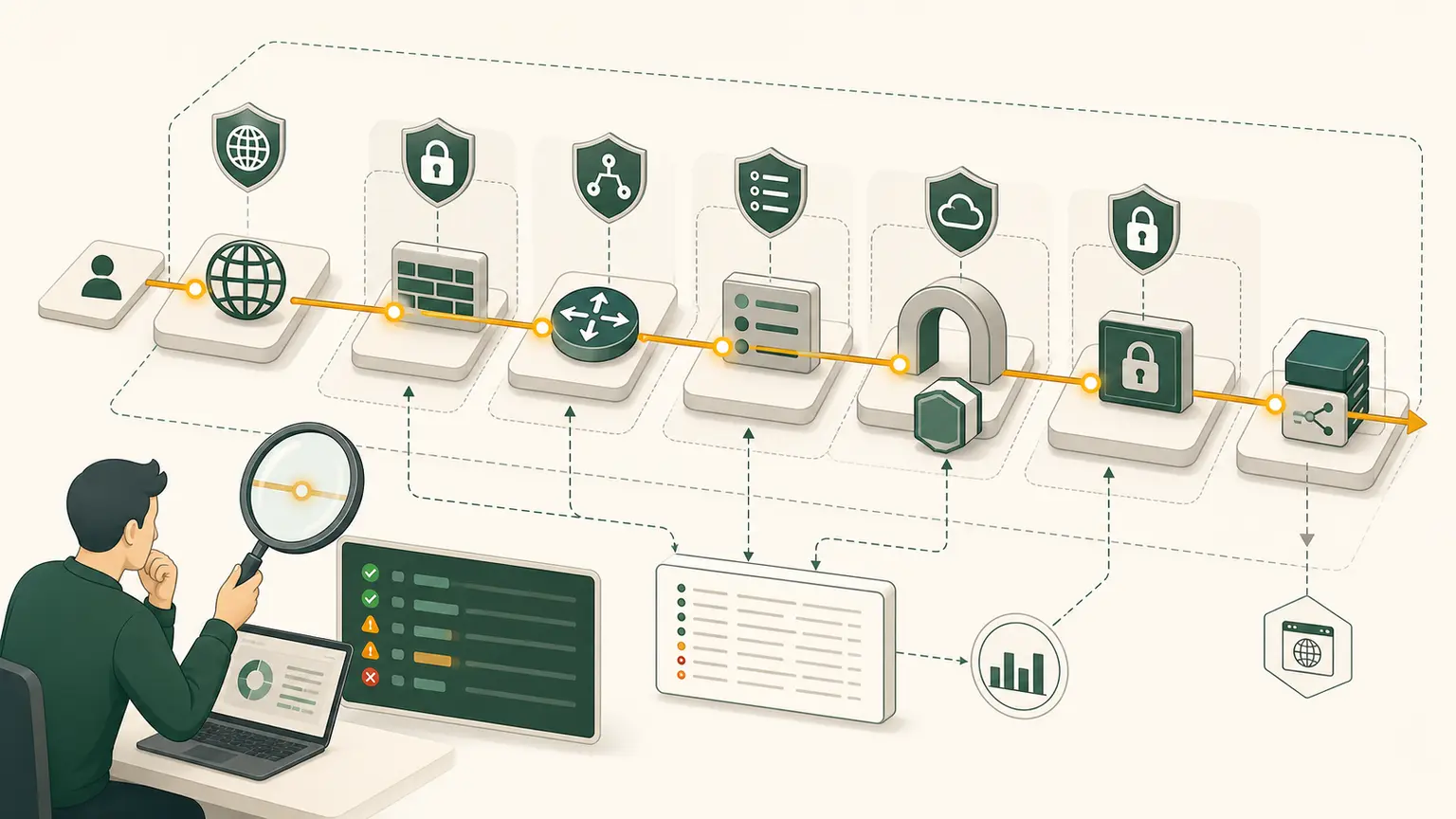 A troubleshooter follows a highlighted packet path through DNS, routes, security controls, and an application endpoint