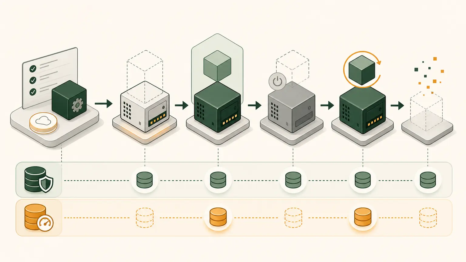 An EC2 instance moves through pending, running, stopped, hibernated, and terminated states with storage and address changes shown