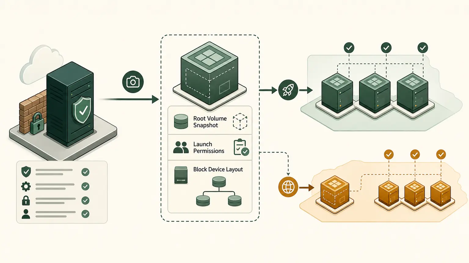 A trusted base image moves through patching, testing, approval, and regional AMI distribution to replaceable EC2 instances