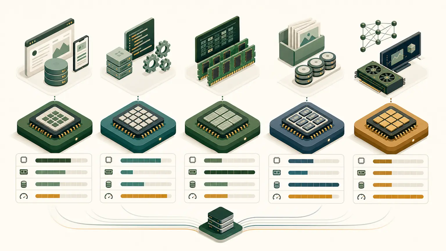 EC2 instance family blocks emphasize balanced, compute, memory, storage, and accelerated resource profiles around a measured workload