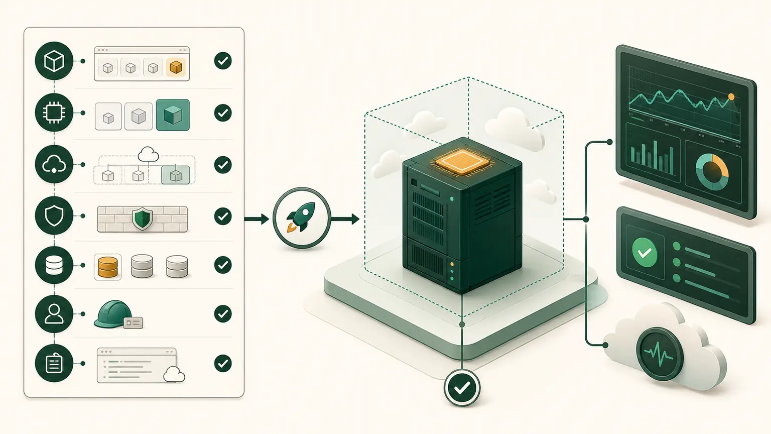 An EC2 launch assembly combines a trusted AMI, instance type, subnet, storage, IAM role, security group, and observability