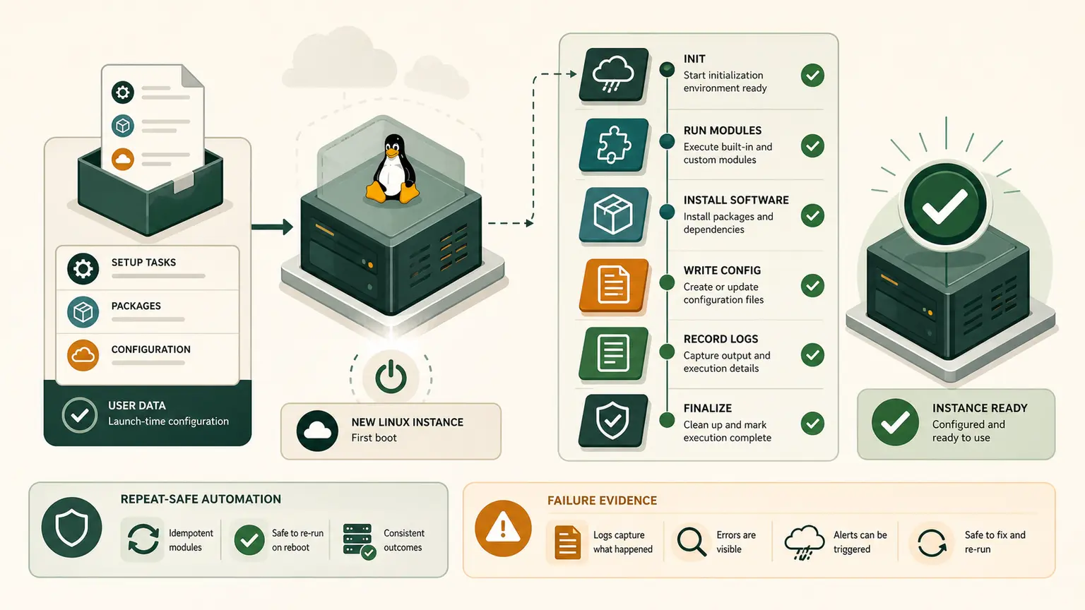 A base EC2 image receives user data, passes it through cloud-init, installs the application, and signals readiness