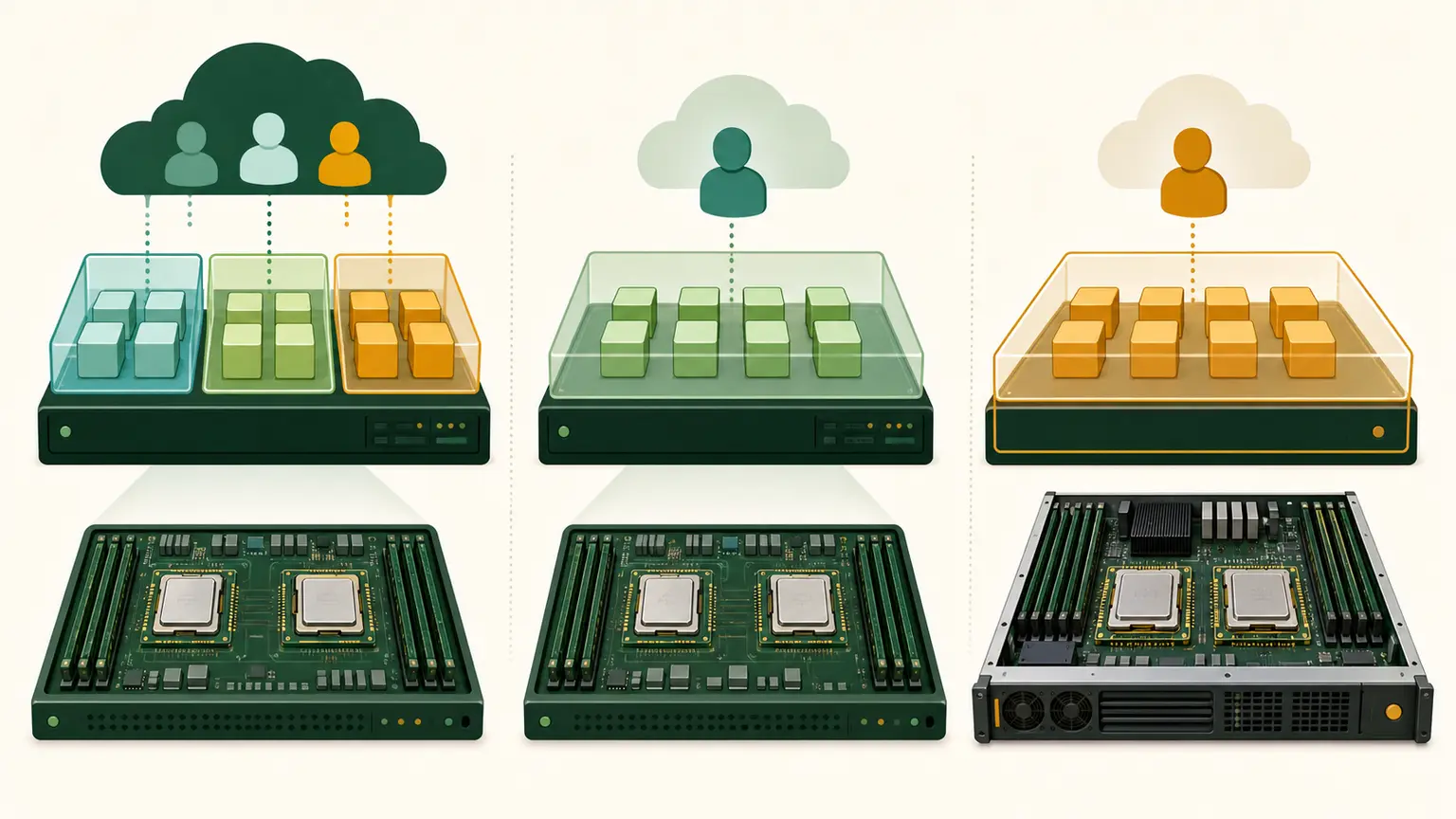 Three physical server arrangements compare shared tenancy, account-dedicated instances, and a fully controlled Dedicated Host