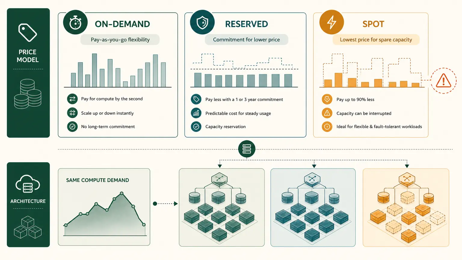 A capacity timeline combines a stable committed baseline, flexible On-Demand peaks, and interruption-ready Spot work