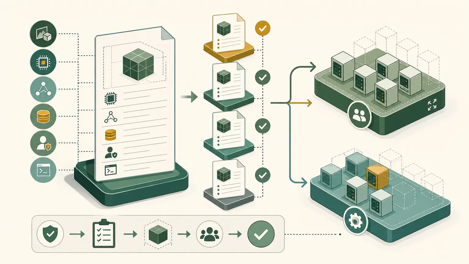 A versioned EC2 launch template moves through test, approved default, production launch, and rollback paths
