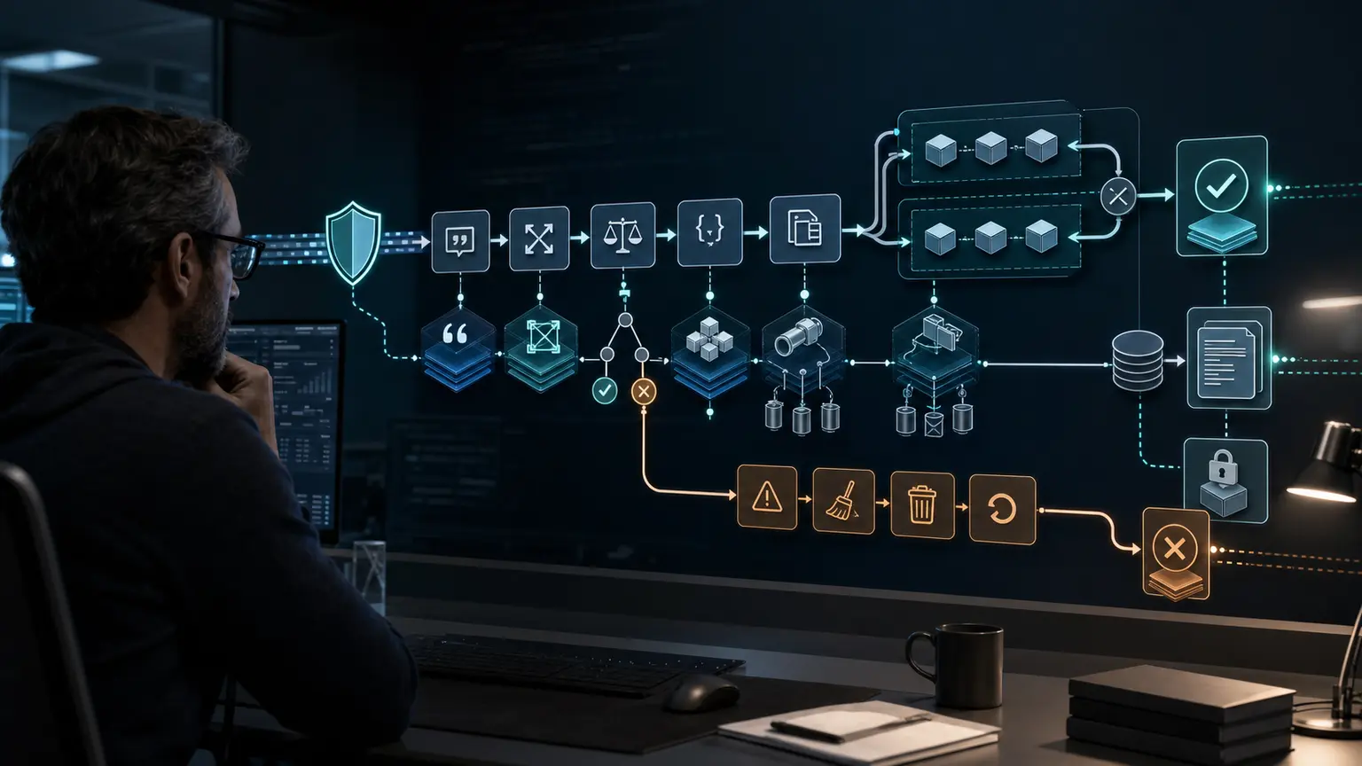 Linux operator following a protected Bash execution path through quoting, expansion, conditions, functions, pipelines, parallel jobs, cleanup, and verified results