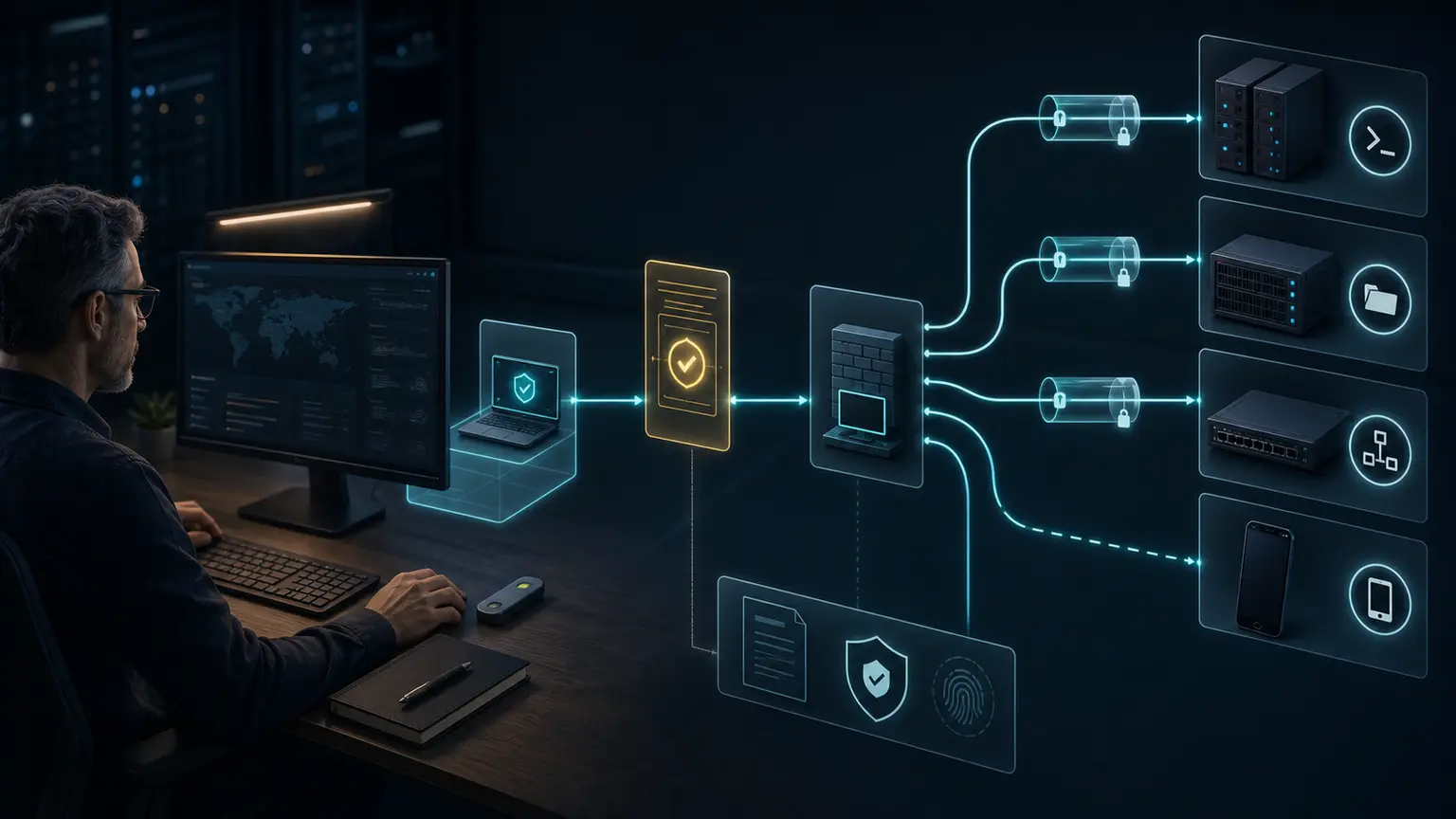 Systems operator connecting through a verified SSH host-key checkpoint and bastion to terminal, file-transfer, network-device, and mobile access paths