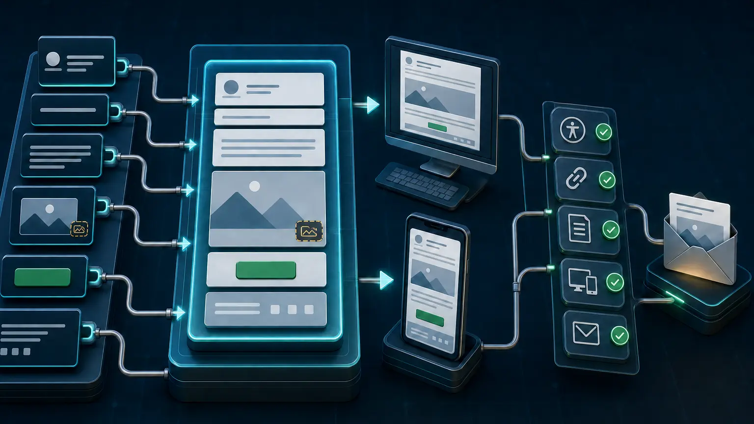 A modular email message moving through desktop and mobile previews, accessibility and link checks, responsive rendering validation, and final delivery
