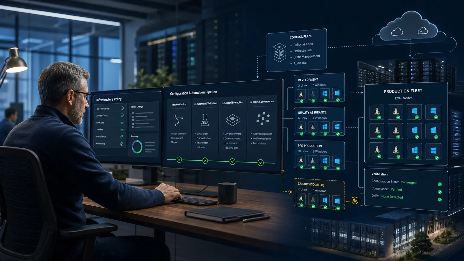 Infrastructure engineer supervising a controlled Chef policy pipeline through validation, staged promotion, Linux and Windows node convergence, and verification