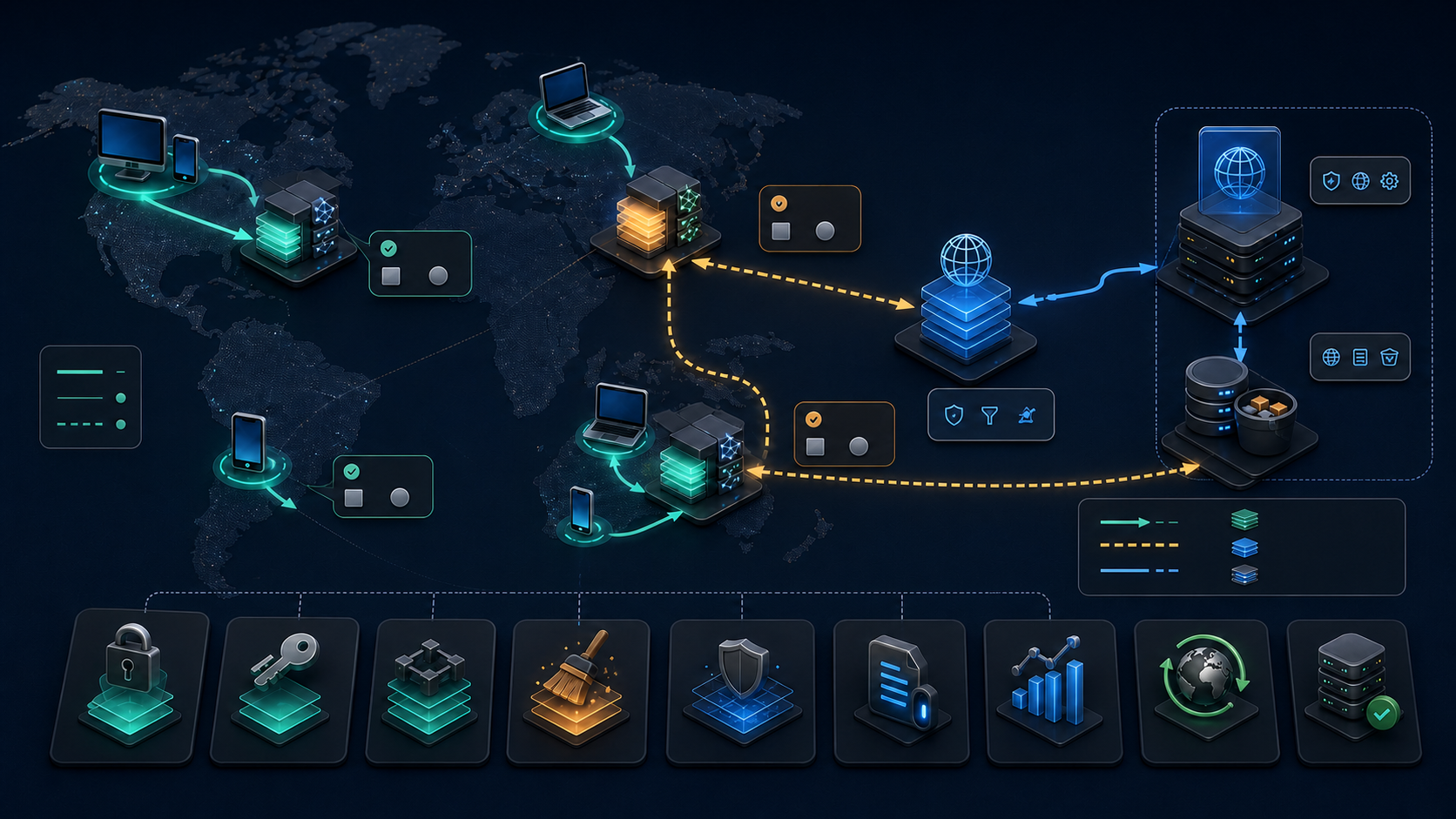 Global users reach nearby edge caches while controlled misses pass through an origin shield to a protected application origin
