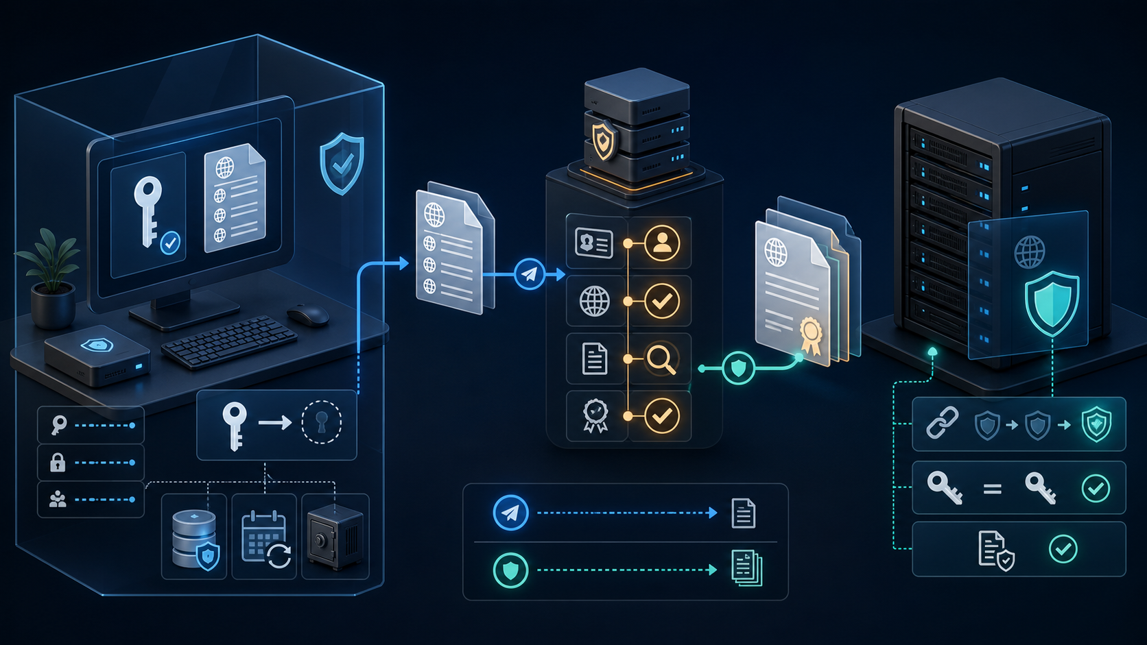 A private key remains protected while its certificate request travels to a certificate authority and the signed certificate returns to a TLS server