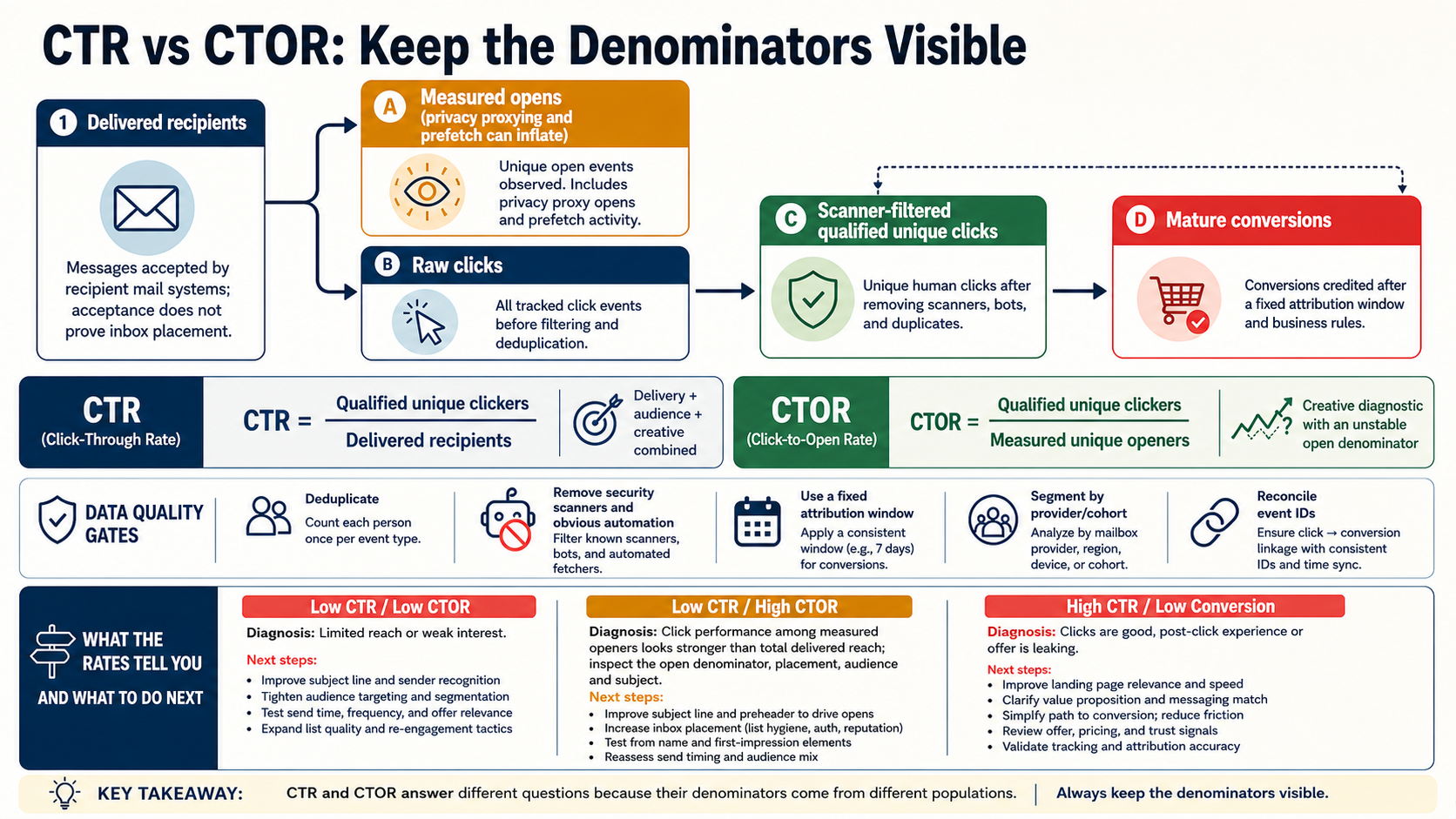 Email measurement funnel showing delivered recipients open observations qualified clicks and conversions with CTR and CTOR denominator boundaries