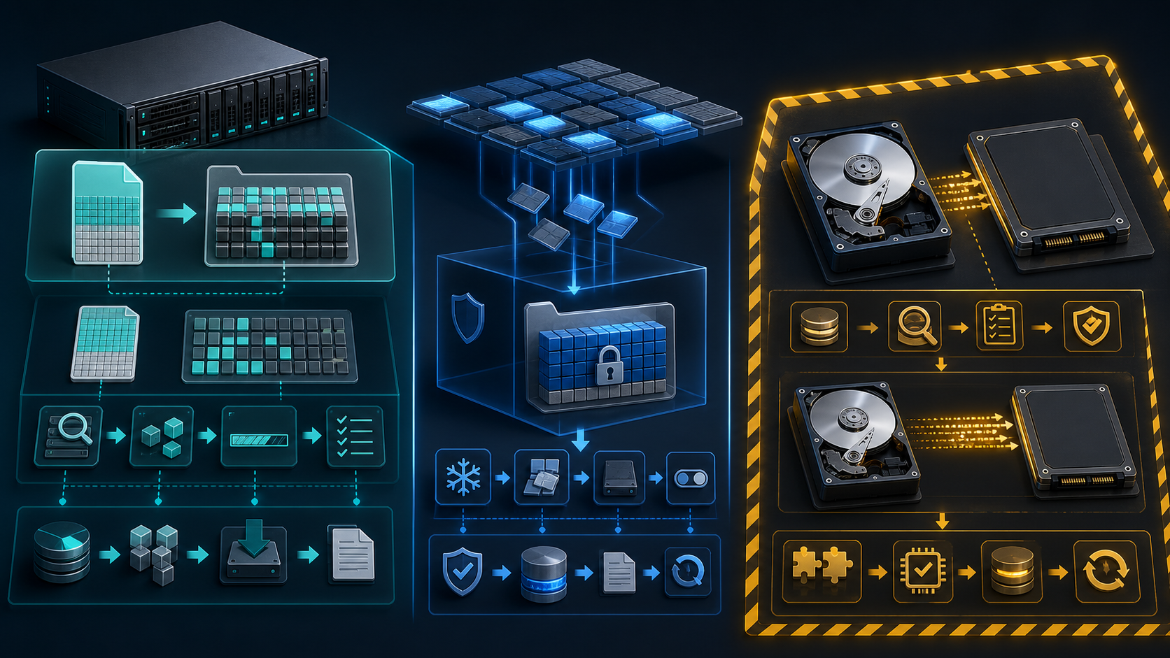 Separate storage workflows show large-file allocation, protected swap activity, and a hazard-bounded raw block-device copy