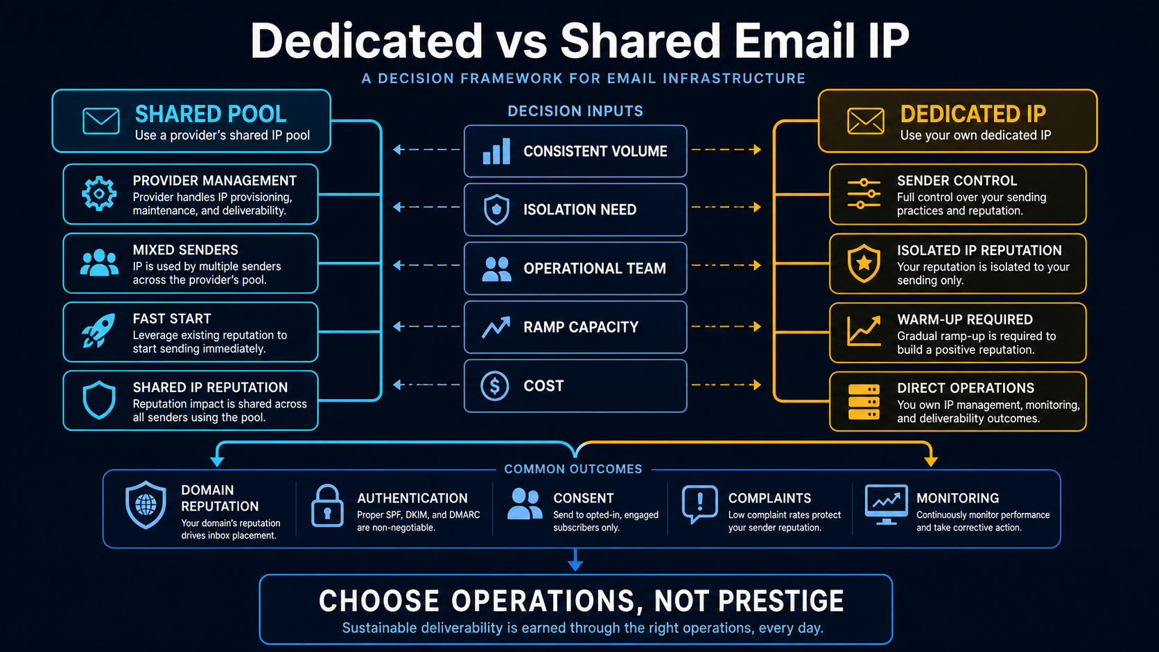 Shared and dedicated email IP models are compared by volume, isolation, operational staffing, ramp capacity and cost before common authentication and monitoring controls
