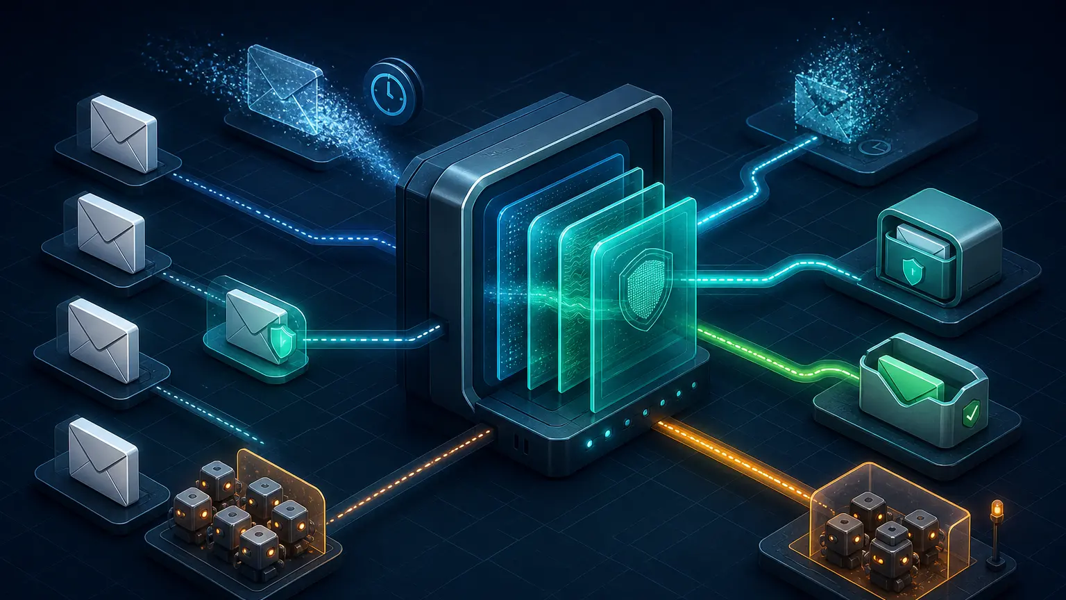Email addresses passing through layered validation while temporary inboxes fade, privacy relays remain protected, verified recipients continue, and automated abuse is held for review