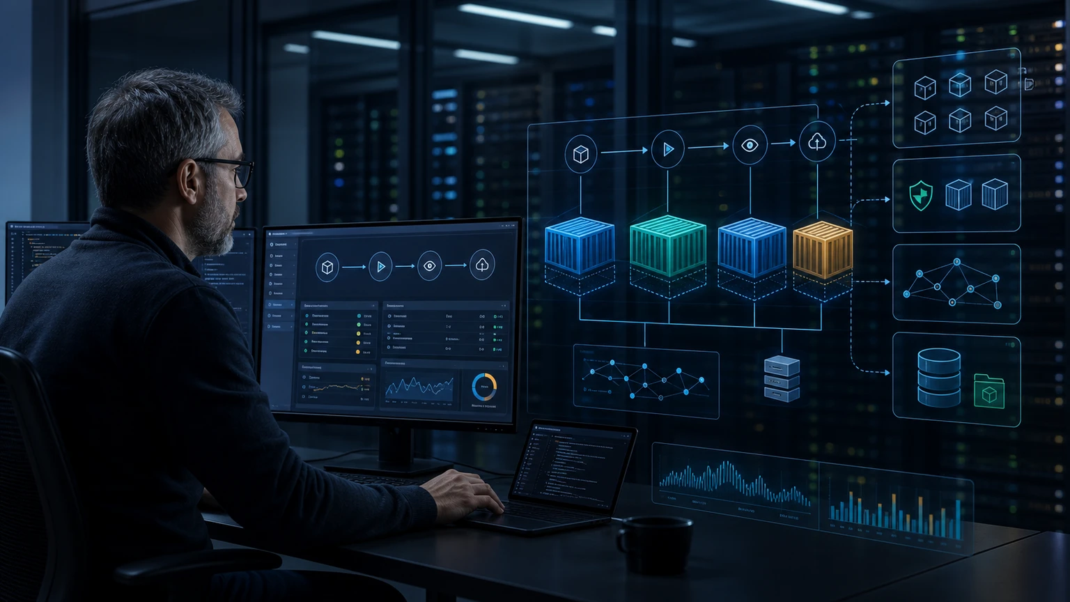Platform engineer operating a secure container workflow with isolated applications, image delivery, private networking, persistent storage, and observability