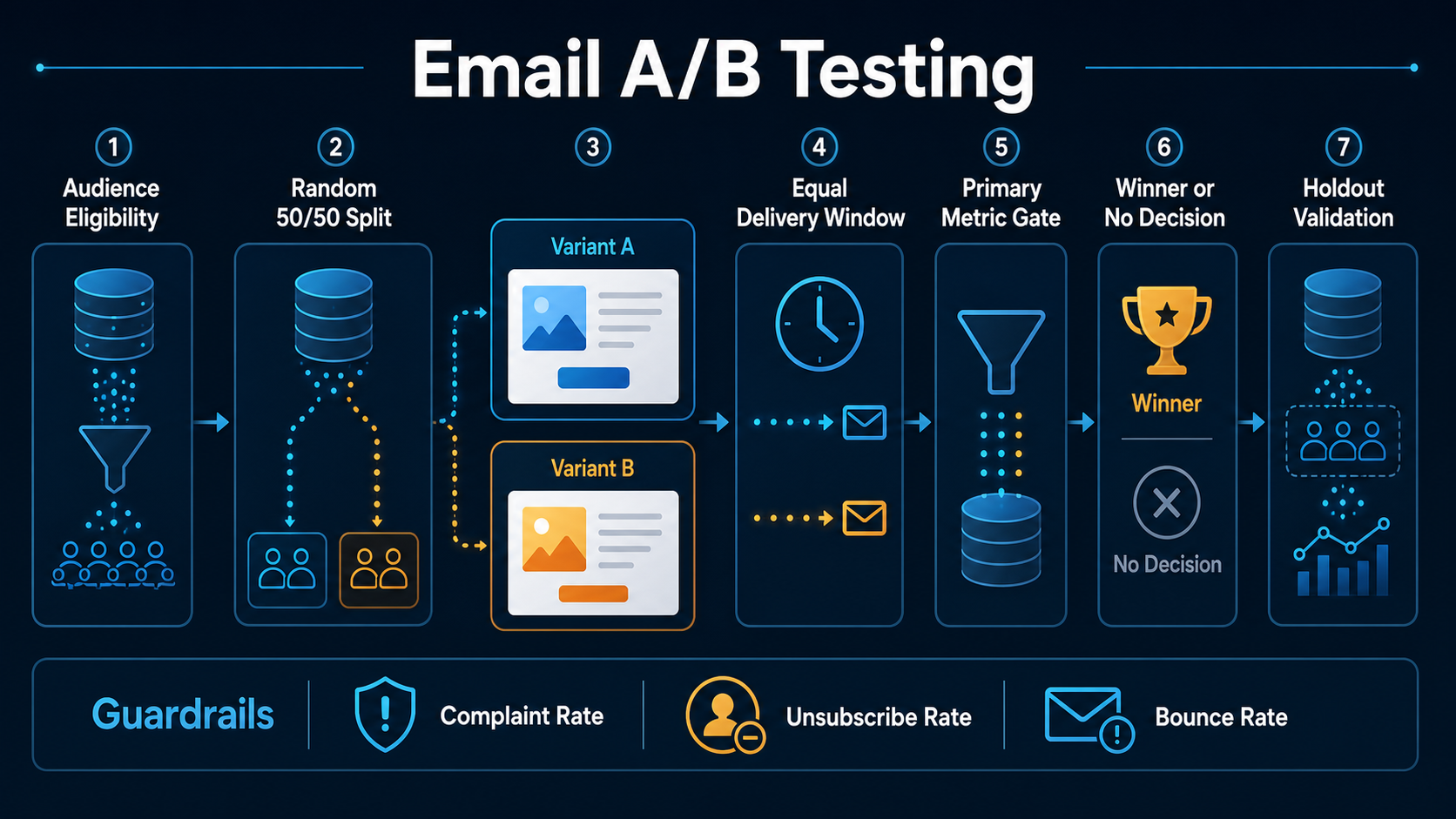 A controlled email experiment moves an eligible audience through random assignment, two message variants, a primary metric gate and holdout validation with complaint, unsubscribe and bounce guardrails