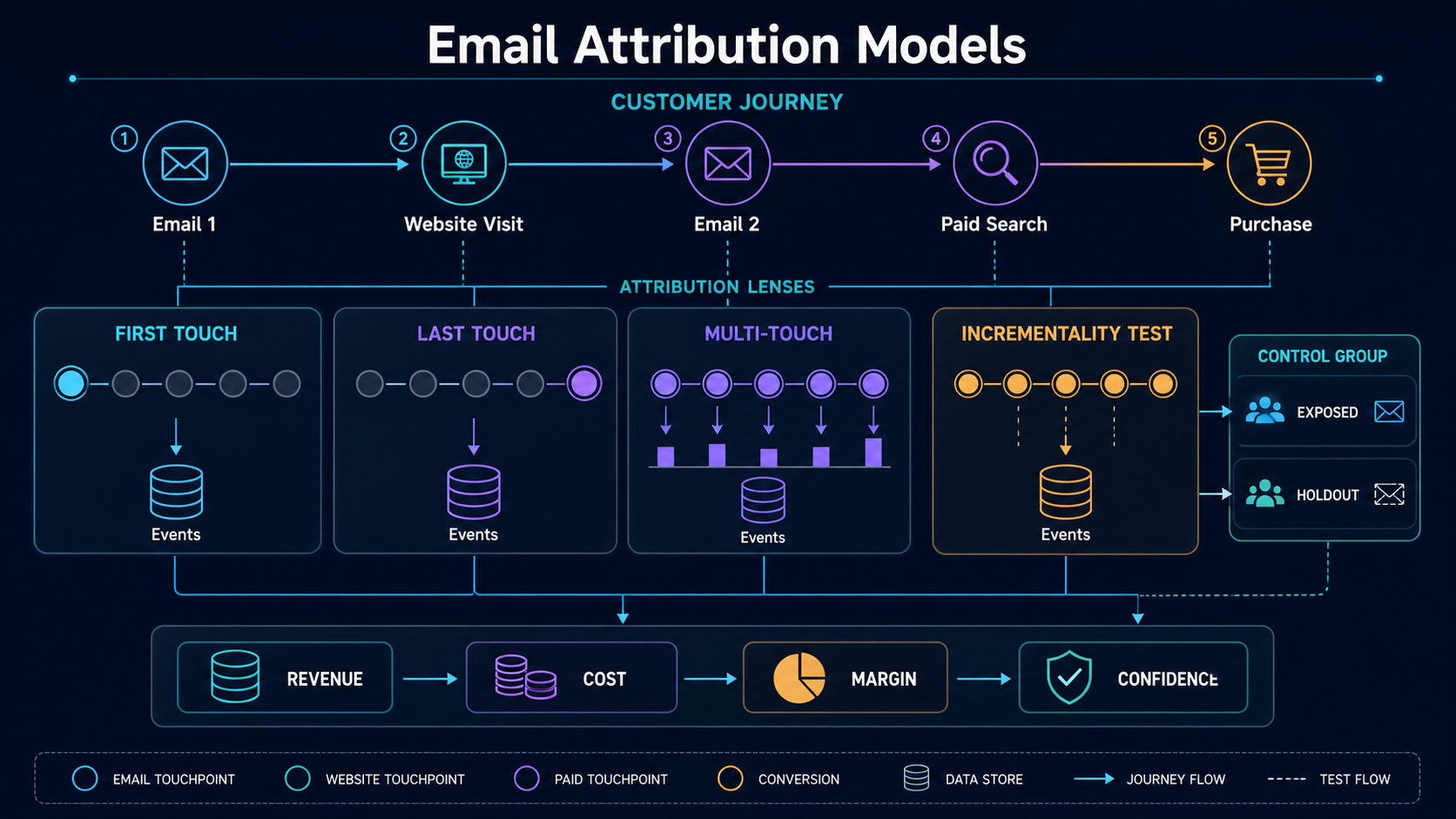 An email and paid-channel customer journey is evaluated through first-touch, last-touch, multi-touch and incrementality lenses before revenue, cost, margin and confidence