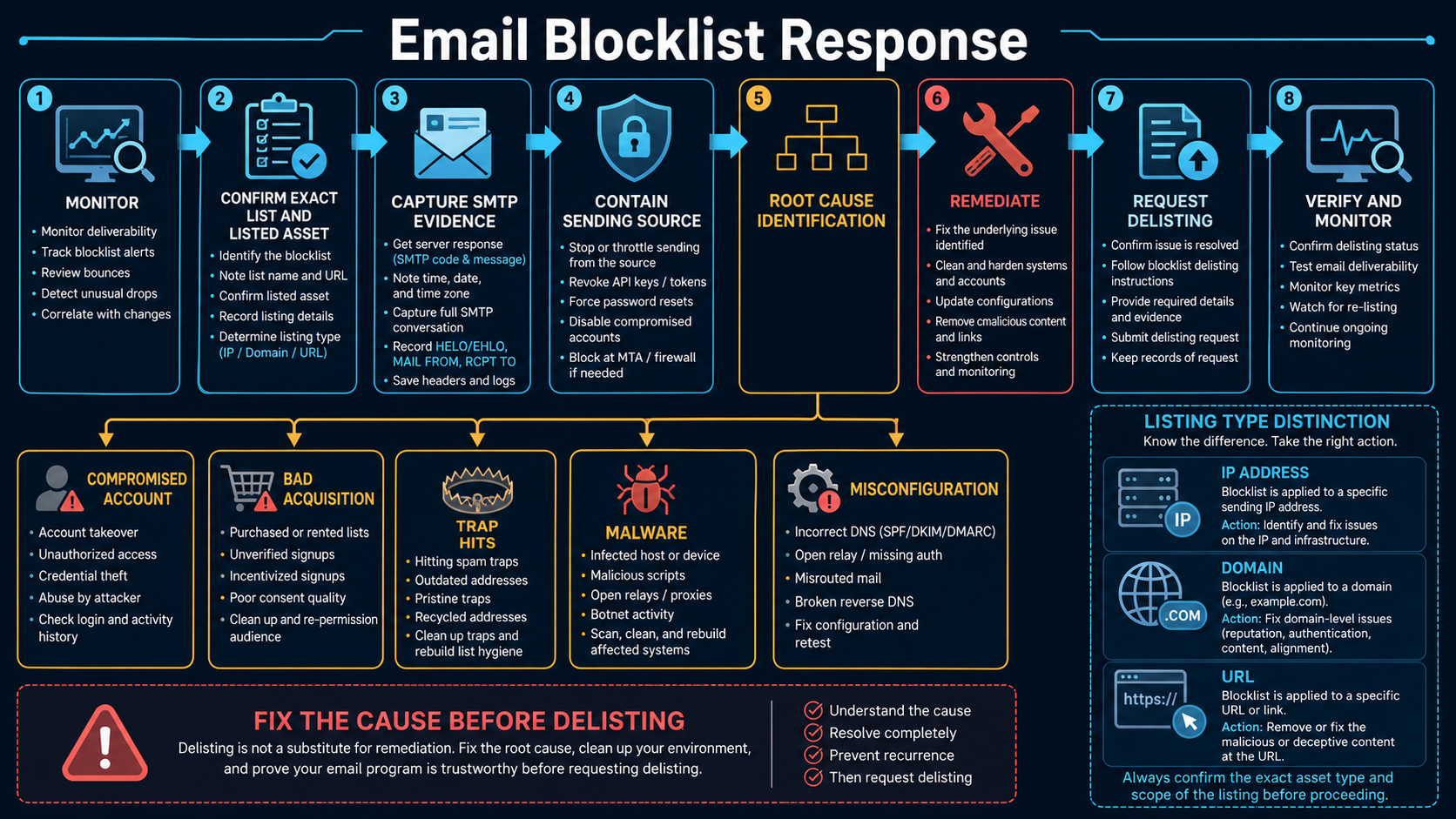 An email blocklist incident moves from monitoring and exact listing confirmation through SMTP evidence, containment, root-cause analysis, remediation, delisting and verification