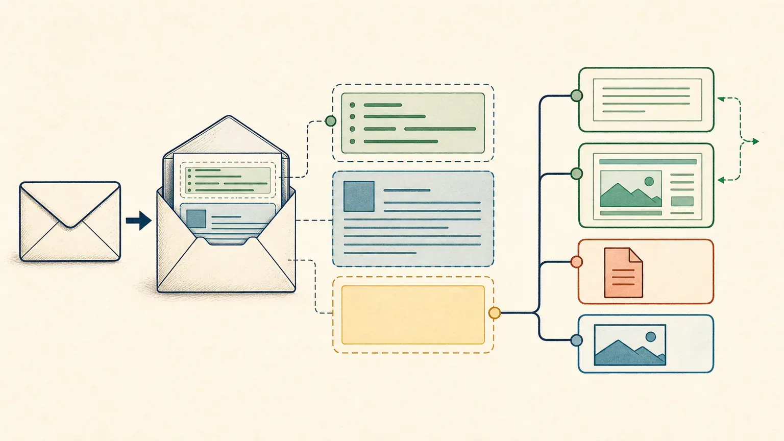 Technical cutaway of an email message showing its header, body, alternative content, inline image, and attachment structure